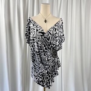 2000s Style Black White Animal Print Rhinestone Embellished Draped Top